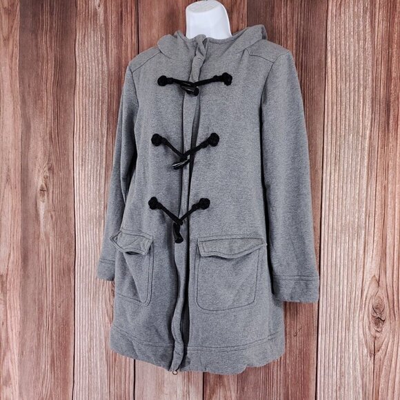 Soft Surroundings Womens Small Gray Hooded Toggle Coat Full Zip Cotton Fleece - Picture 2 of 16